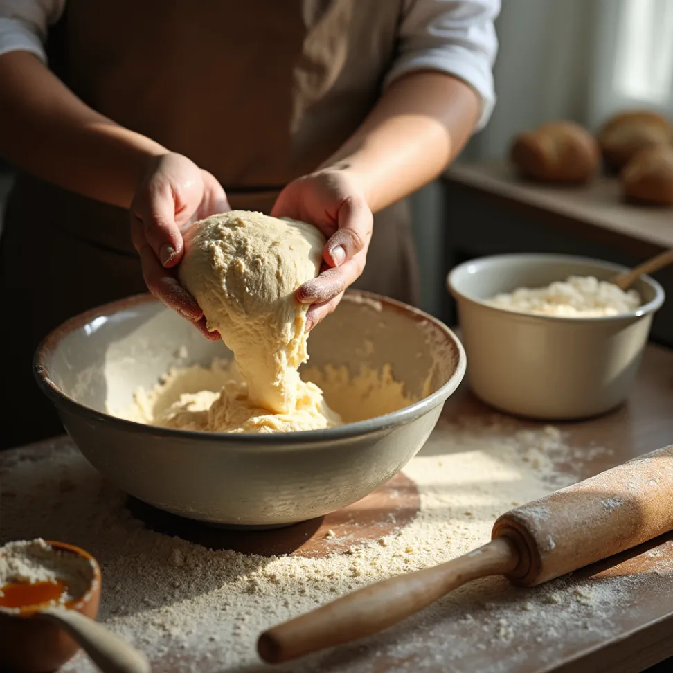 Hands kneading oat molasses bread dough on a floured countertop, surrounded by baking tools and ingredients.