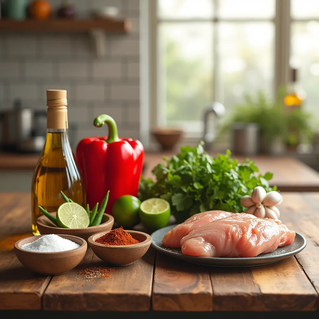 Ingredients for San Antonio Grilled Red Pepper Mexican Chicken Marinade including red peppers, garlic, cilantro, lime, chicken, and spices