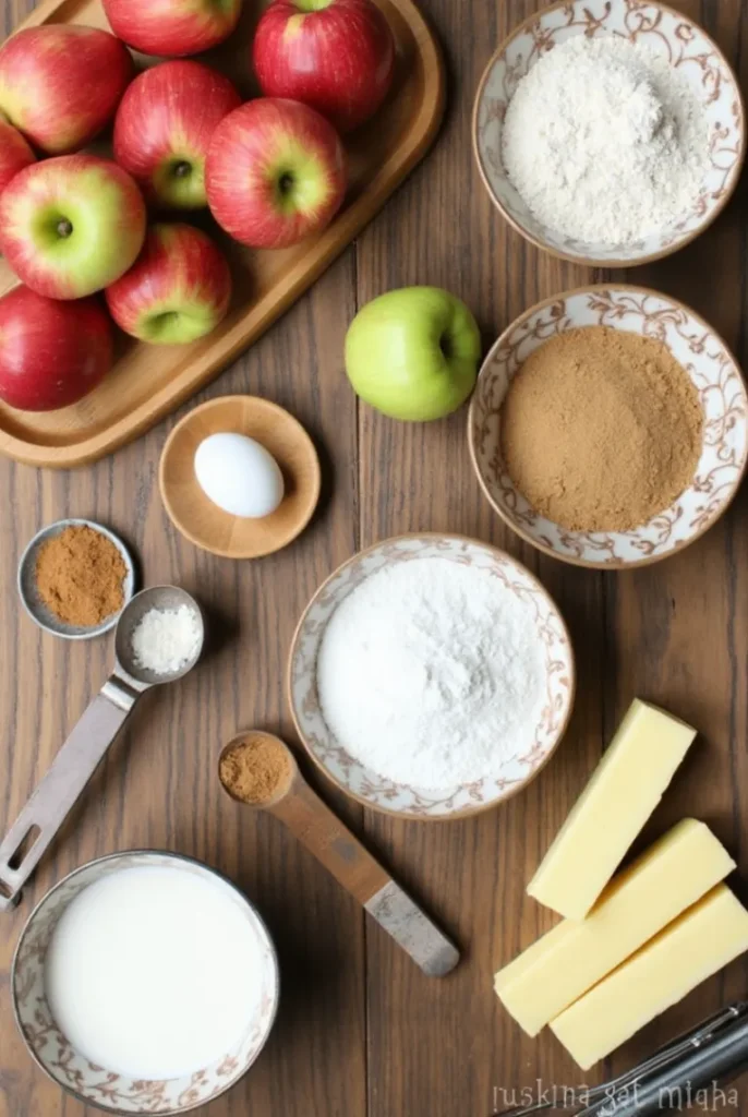 Fresh apples, flour, sugar, eggs, and spices for making Country Apple Fritter Bread.