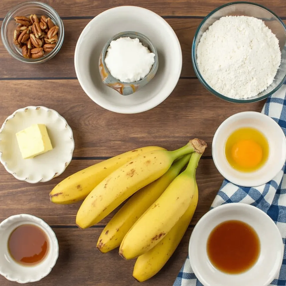 Ingredients for a banana pecan caramel layer cake arranged on a wooden table.