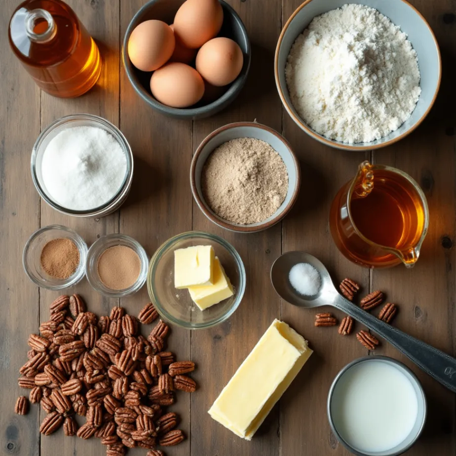 A beautifully arranged selection of fresh ingredients for a homemade pecan cake, placed on a rustic wooden table.

