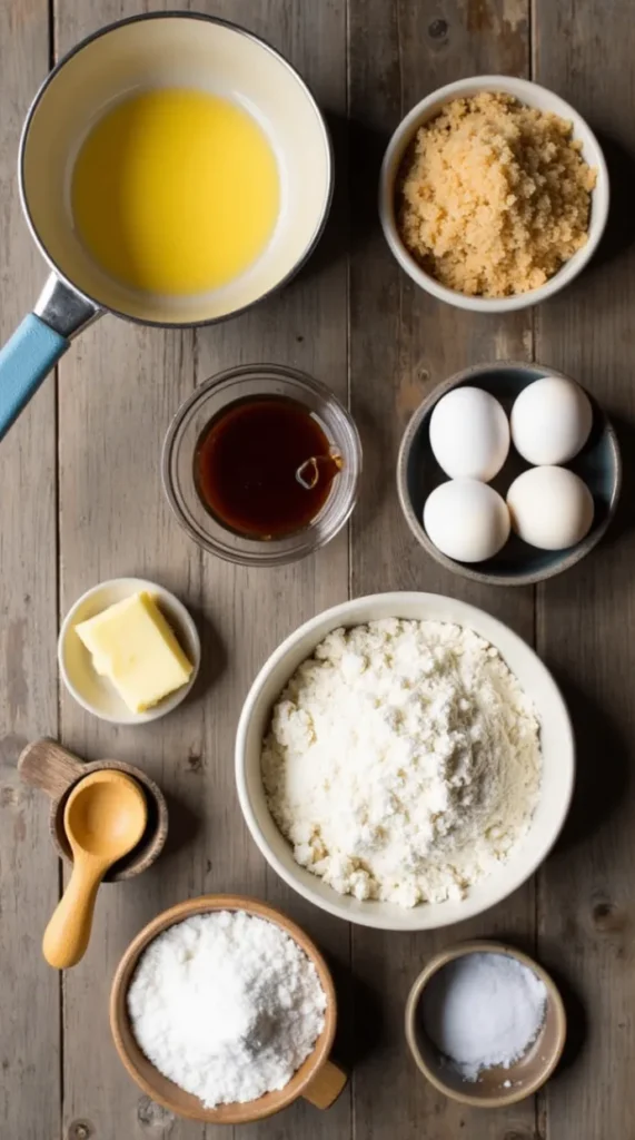 Brown butter sugar cookie ingredients neatly arranged on a wooden surface.