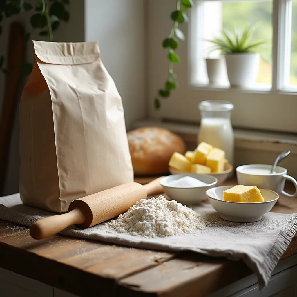 Ingredients for making Gipfeli, including flour, butter, milk, sugar, and salt.