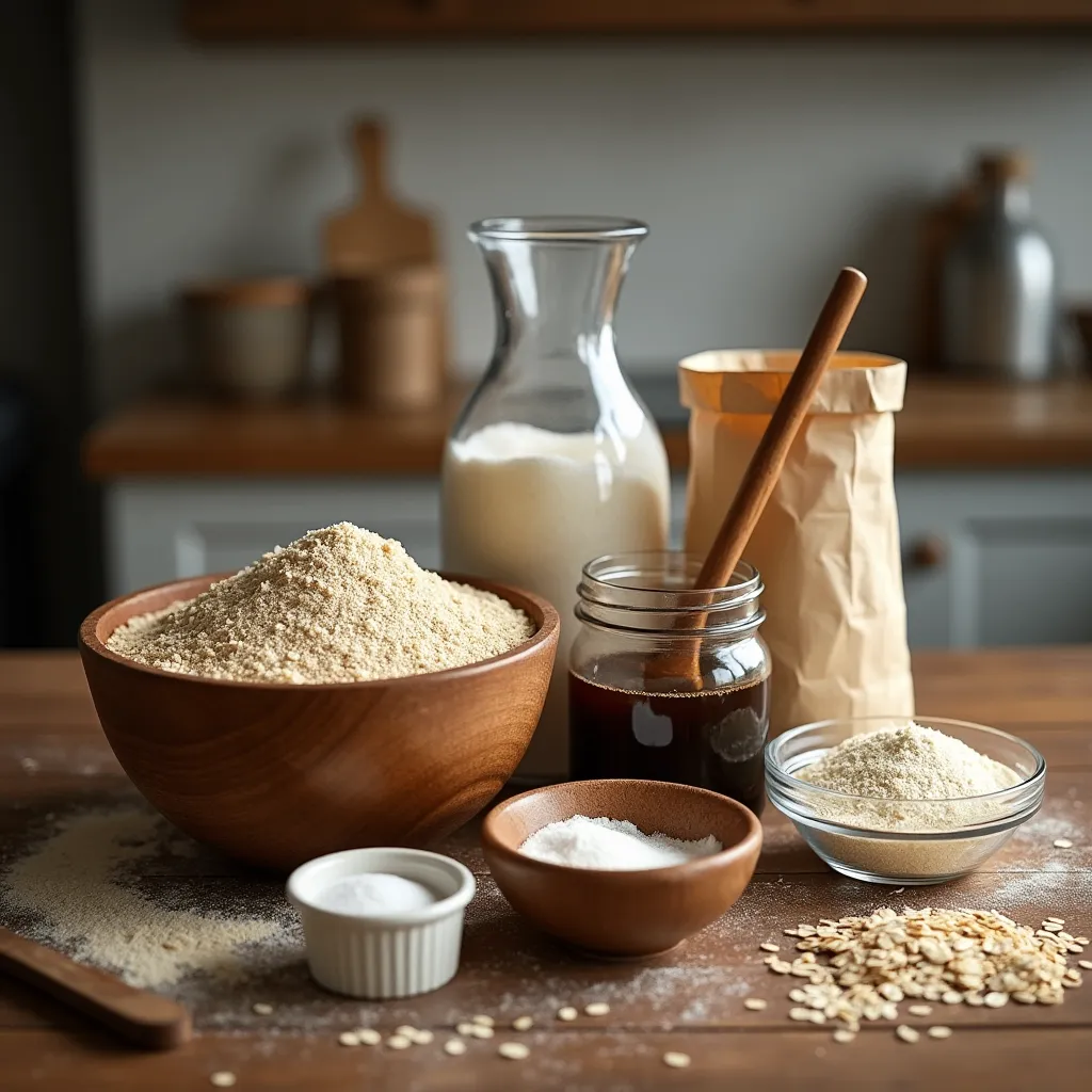 Rustic kitchen counter with fresh ingredients for oat molasses bread, including oats, molasses, flour, yeast, and butter.