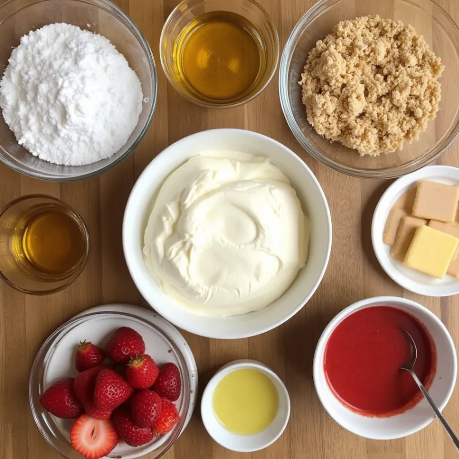 Ingredients for strawberry swirl cheesecake, including cream cheese, eggs, sugar, vanilla, graham crackers, butter, and fresh strawberries.