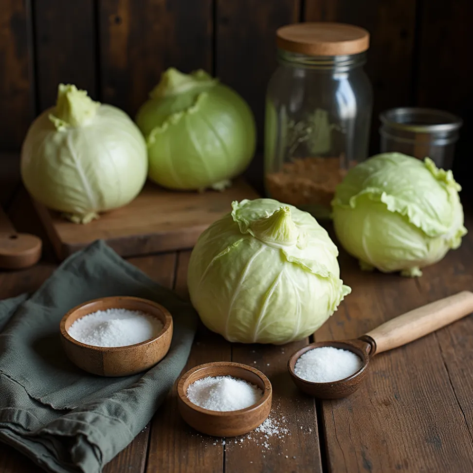 Fresh cabbage, sea salt, and kitchen tools for making coal miner's sauerkraut.