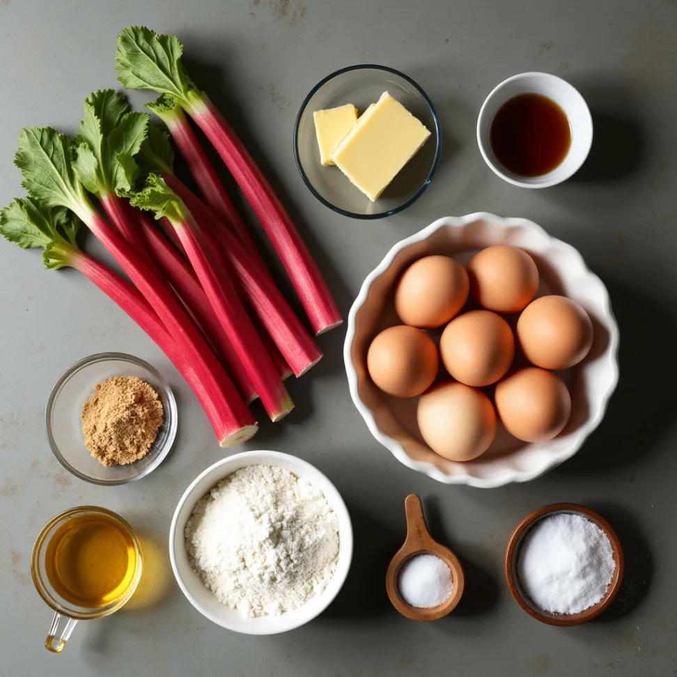 Fresh rhubarb, butter, flour, sugar, eggs, and other ingredients for making a rhubarb upside-down cake.