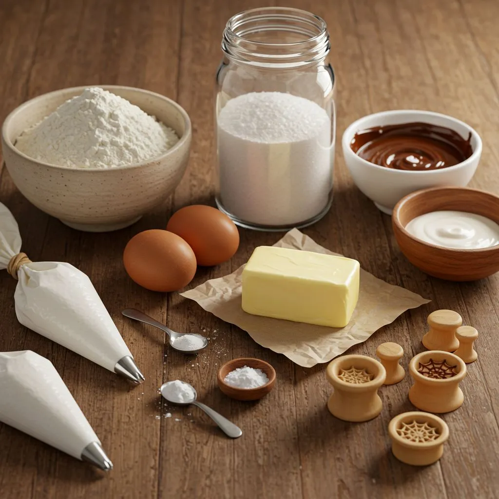 A realistic top-down view of baking ingredients for Spider Web Cookie Stamp Cookies, arranged neatly on a wooden countertop