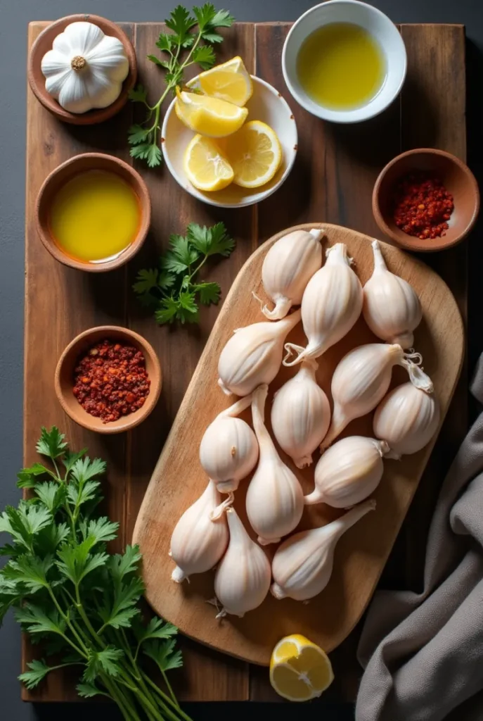 "Fresh ingredients for Scungilli recipe including conch, garlic, chili flakes, lemon, parsley, olive oil