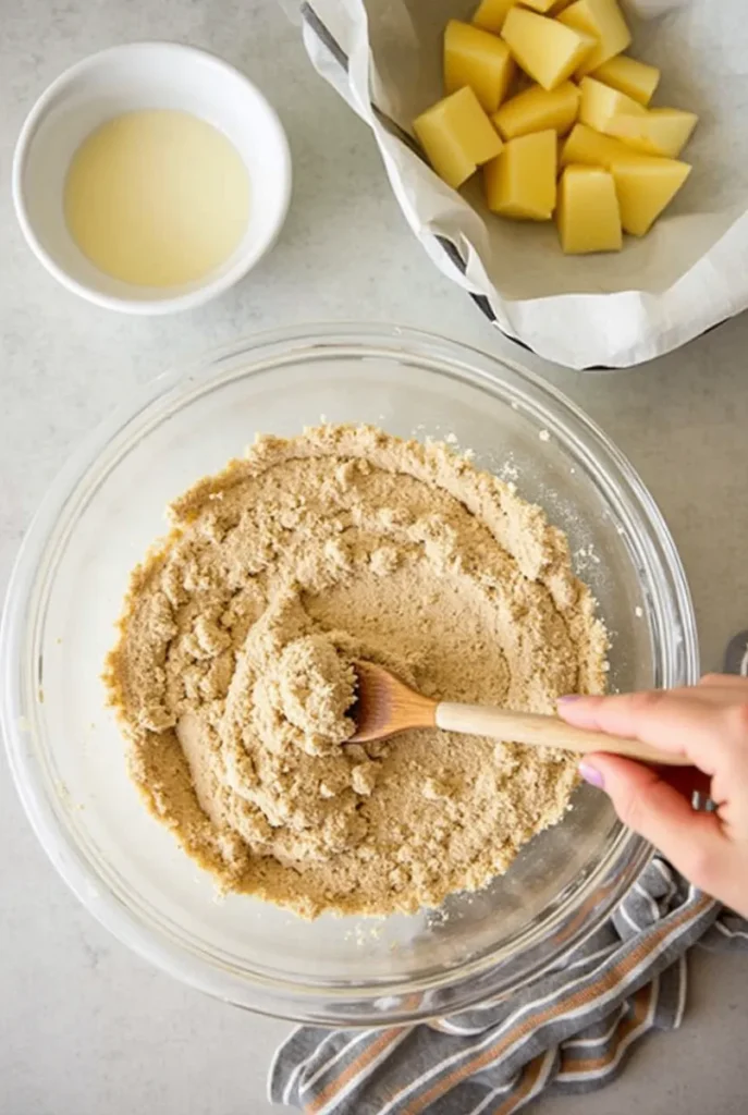 Mixing dry ingredients for Country Apple Fritter Bread in a rustic kitchen.