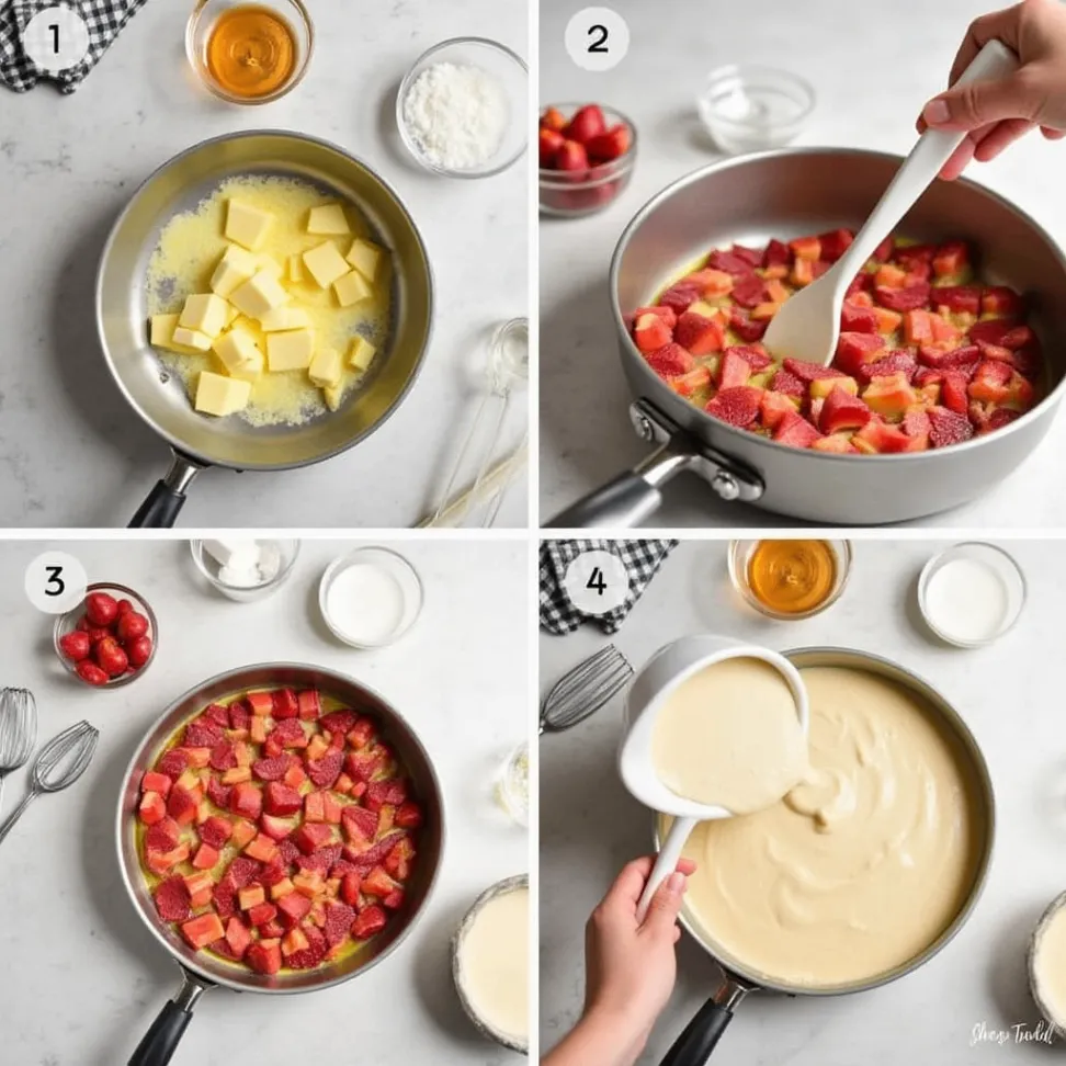 Step-by-step images of preparing and baking a rhubarb upside-down cake, showing the melted butter, arranged rhubarb, and poured batter.