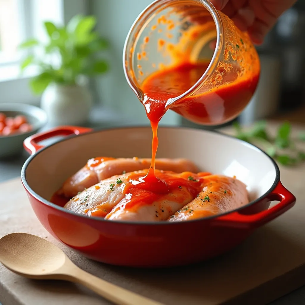 Marinating boneless chicken breasts with red pepper Mexican marinade on a kitchen counter