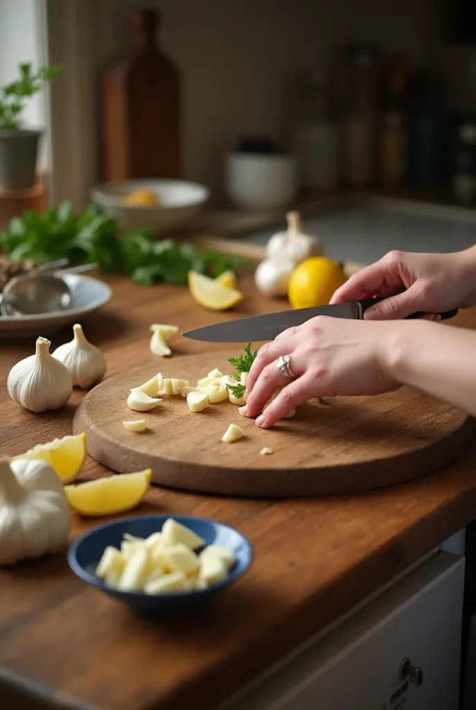 Chopping garlic for Scungilli recipe preparation on a wooden cutting board.