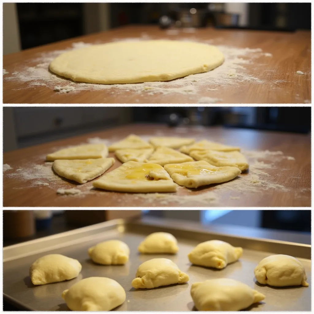 Step-by-step process of rolling, cutting, and shaping Gipfeli dough.