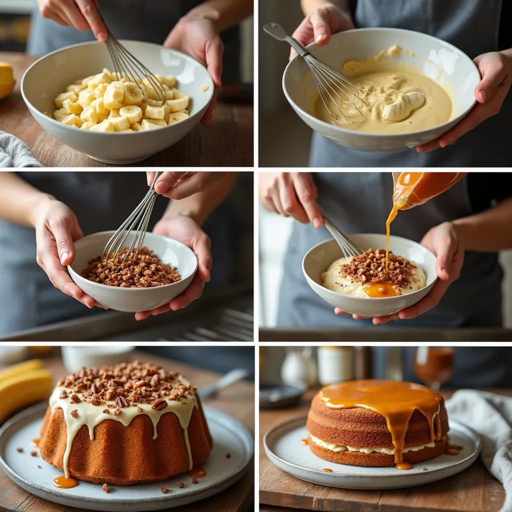 Step-by-step process of making a banana pecan caramel layer cake in a home kitchen.