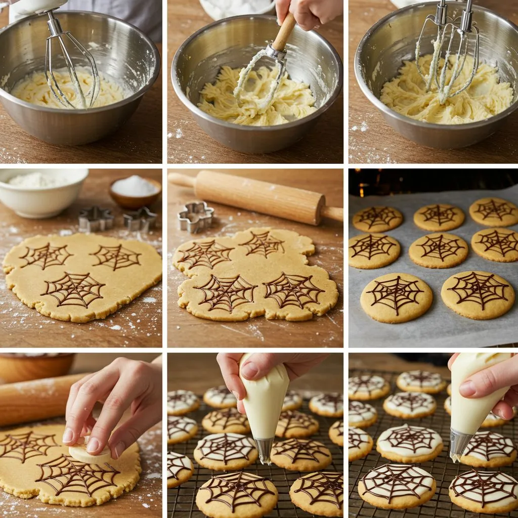 A step-by-step visual guide to making Spider Web Cookie Stamp Cookies, from mixing ingredients to decorating with icing