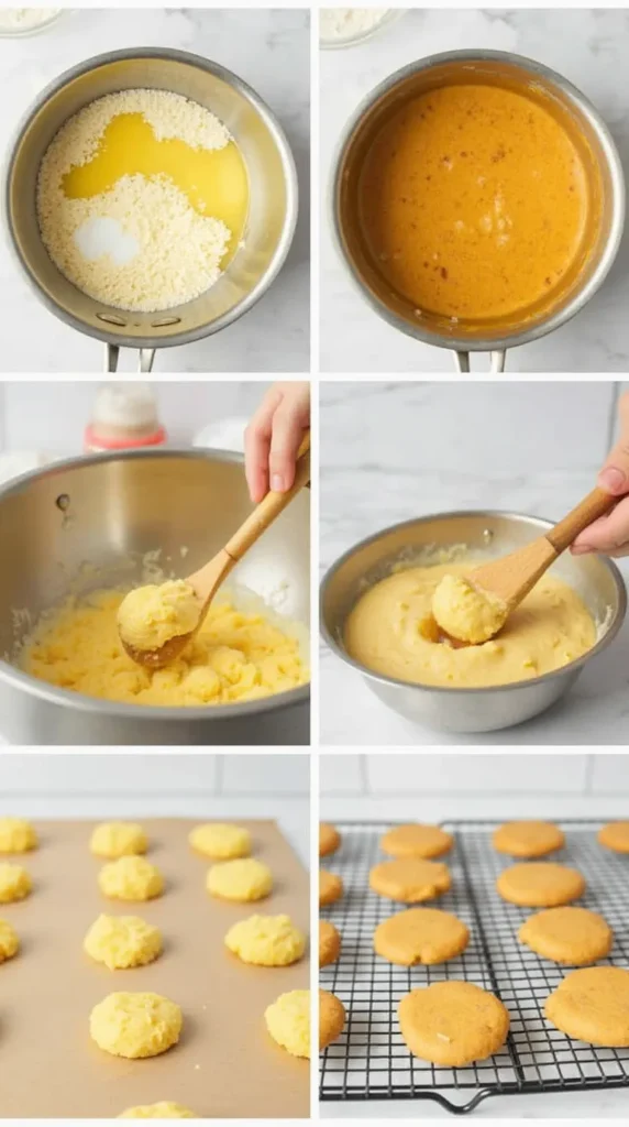 Step-by-step process of making brown butter sugar cookies, from melting butter to baking.