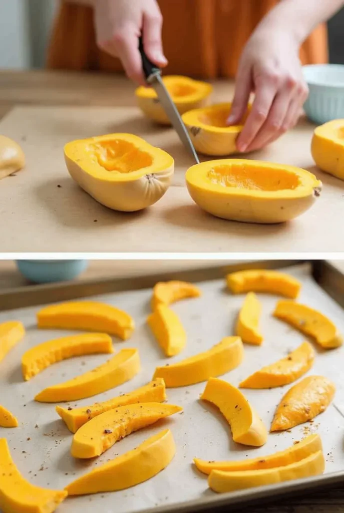 Slicing Koginut squash in half and preparing it for roasting.