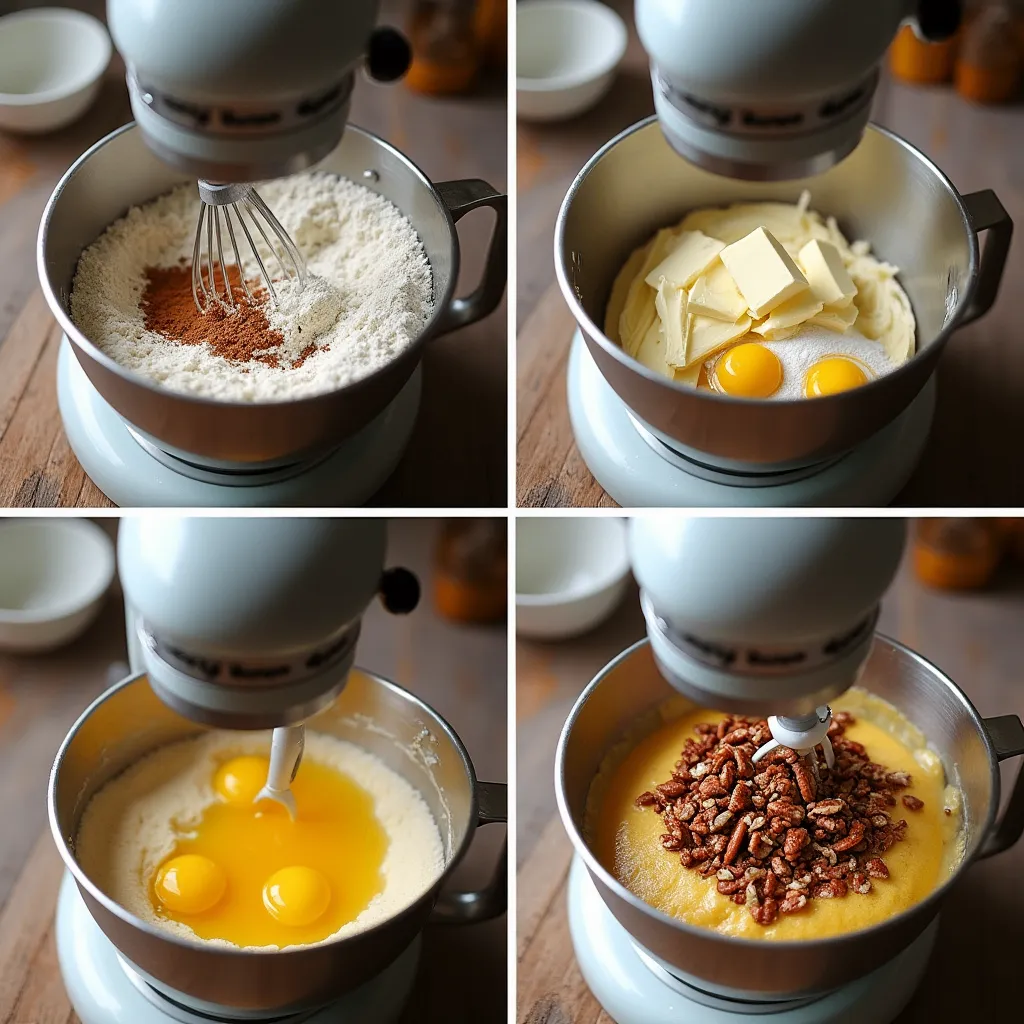 A step-by-step visual guide showing the process of making a homemade pecan cake, from mixing to baking.