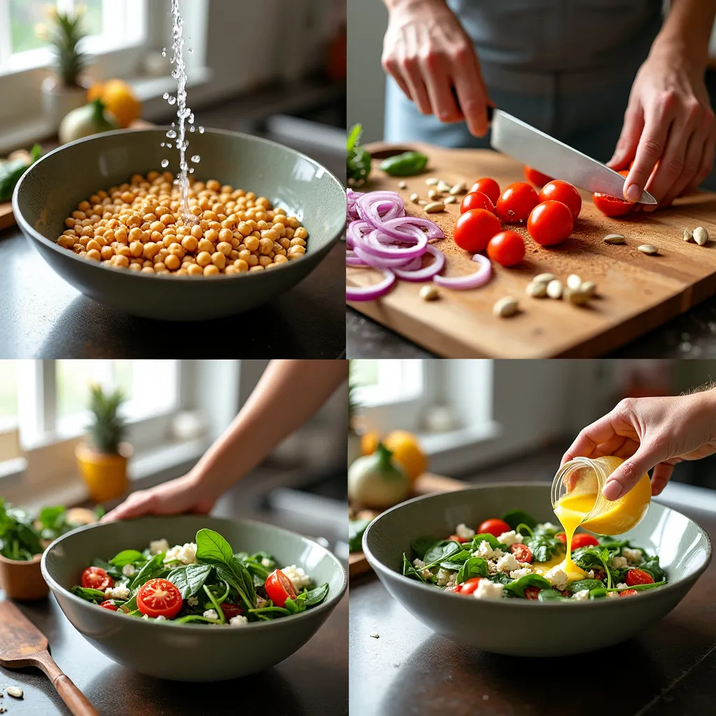 Step-by-step preparation of a zinc-rich chickpea salad, showing rinsing chickpeas, chopping vegetables, toasting pumpkin seeds, and mixing ingredients in a bowl with lemon dressing