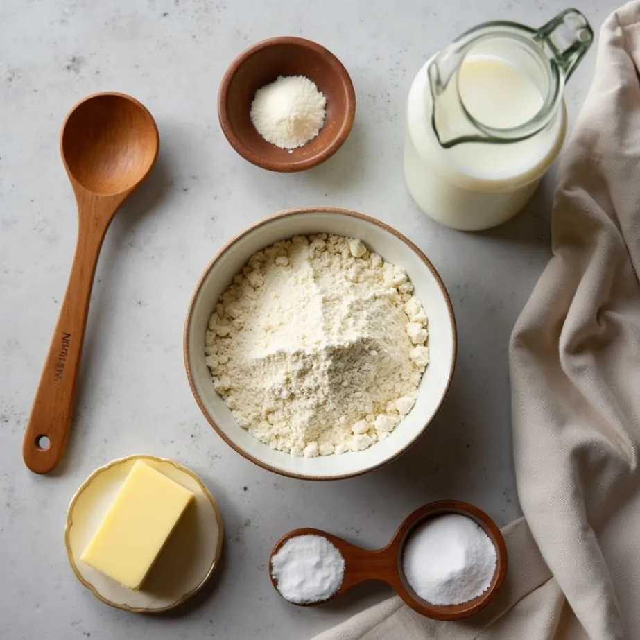 Ingredients for making English muffins with einkorn flour, including flour, yeast, milk, butter, salt, and baking powder.