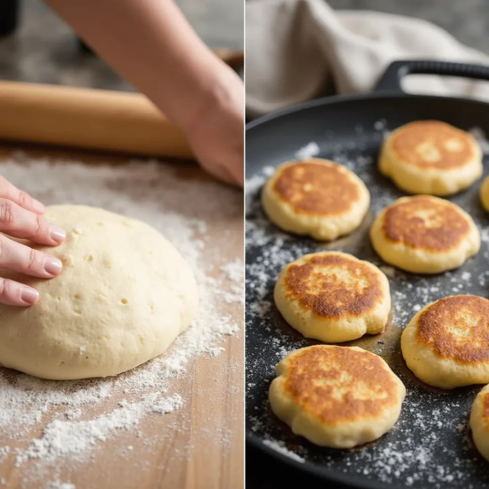 Step-by-step process of making English muffins with einkorn flour, from kneading the dough to cooking on a griddle.