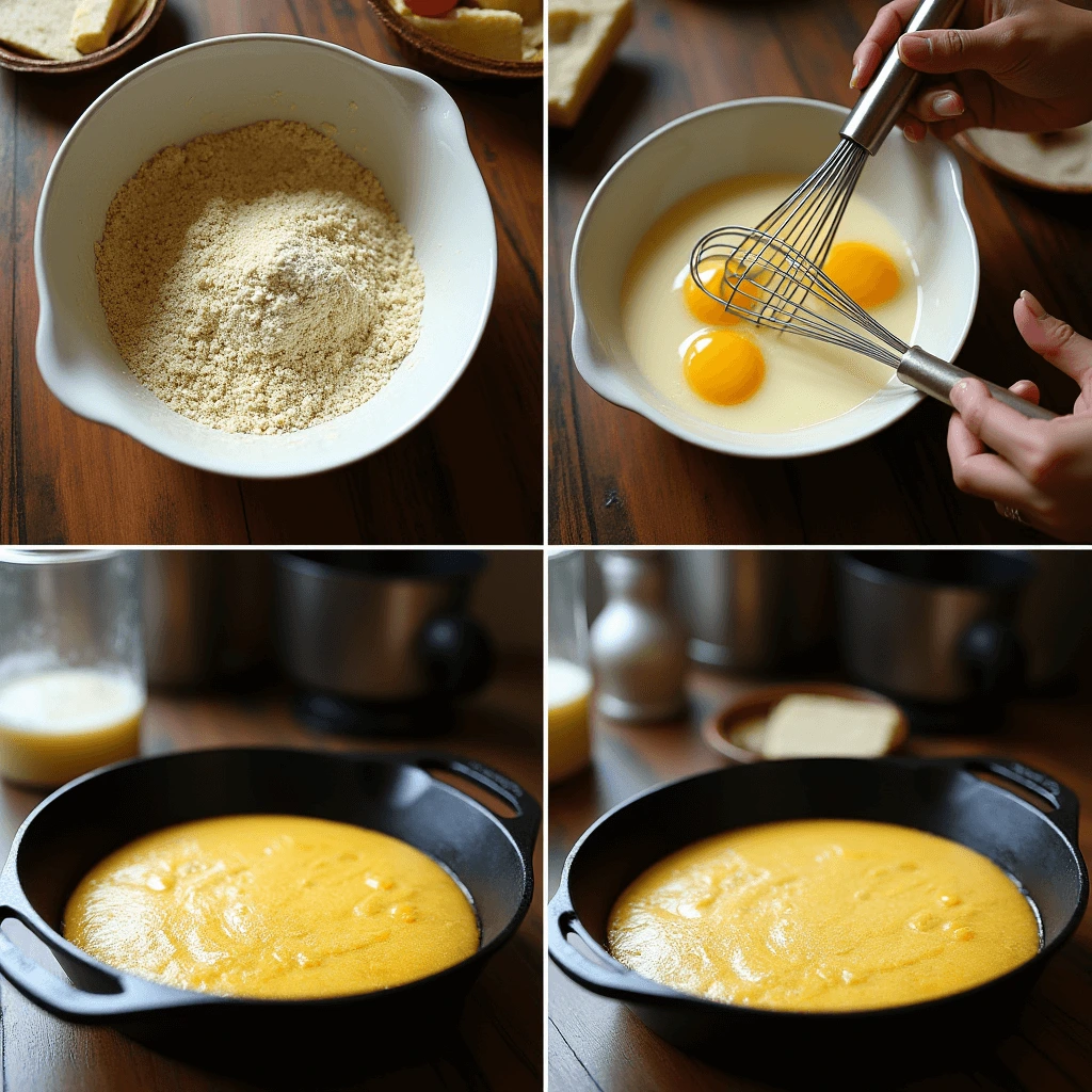 Step-by-step process of making Southern cornbread: mixing dry ingredients, combining with wet ingredients, and pouring batter into a skillet.