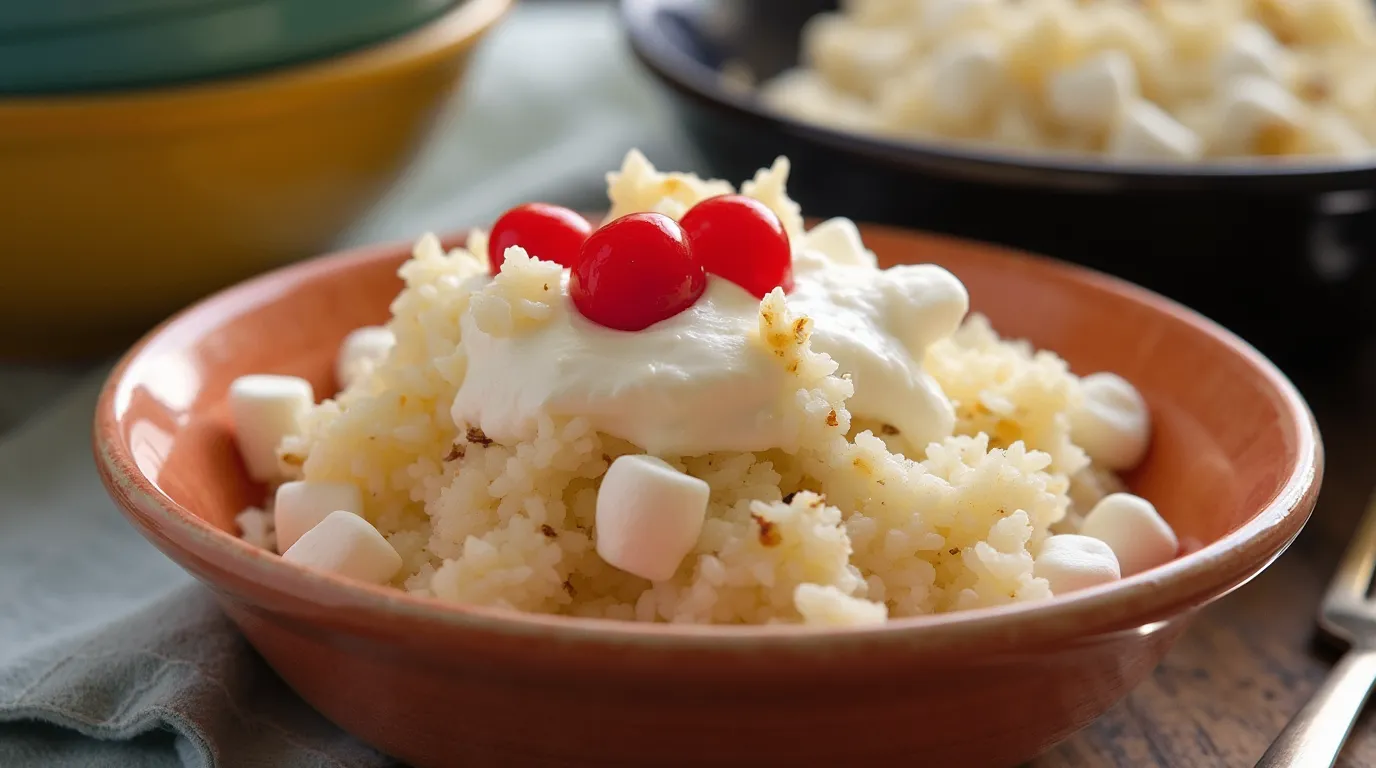 Delicious Glorified Rice with marshmallows, whipped cream, and cherries served on a rustic plate.