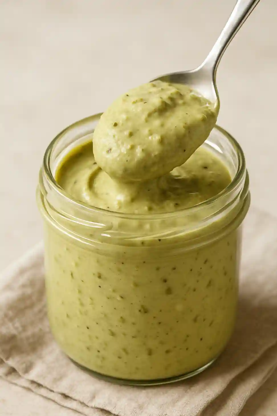 Homemade pistachio cream in a glass jar with a spoon dipping into the smooth