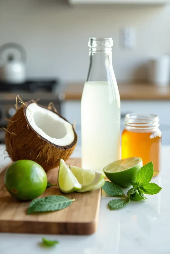 Fresh ingredients for a Cortisol mocktail, including coconut water, lime, mint, and honey