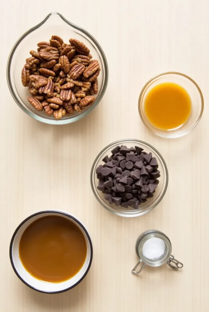 Ingredients for Chocolate Pecan Turtle Clusters: roasted pecans, caramel sauce, dark chocolate chips, and sea salt.