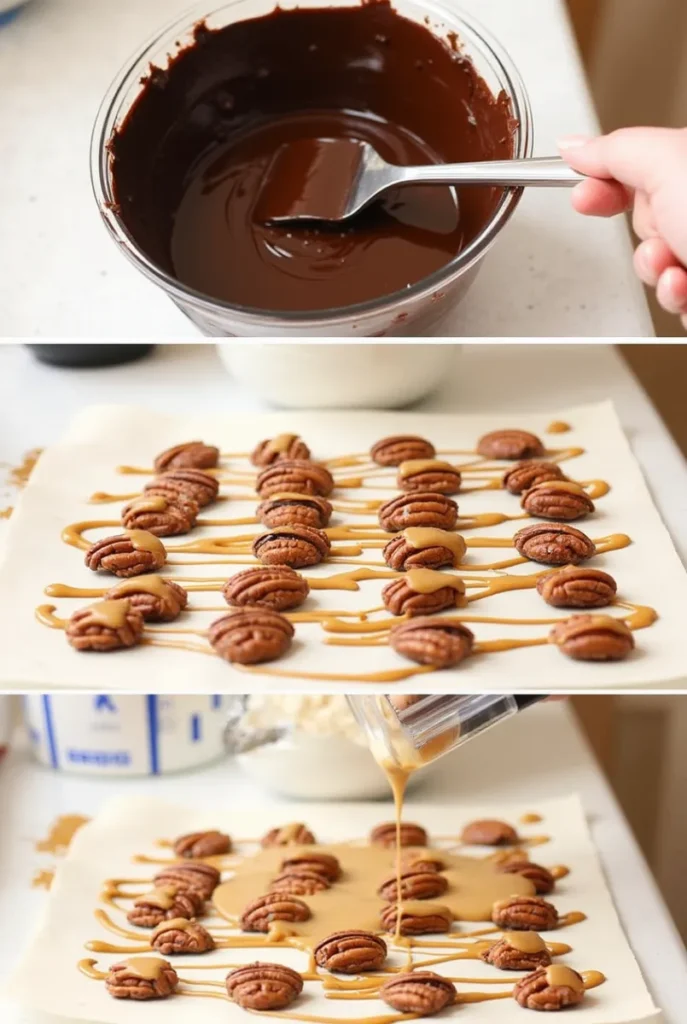 Step-by-step instructions for making Chocolate Pecan Turtle Clusters: melting chocolate, arranging pecans, and drizzling caramel.