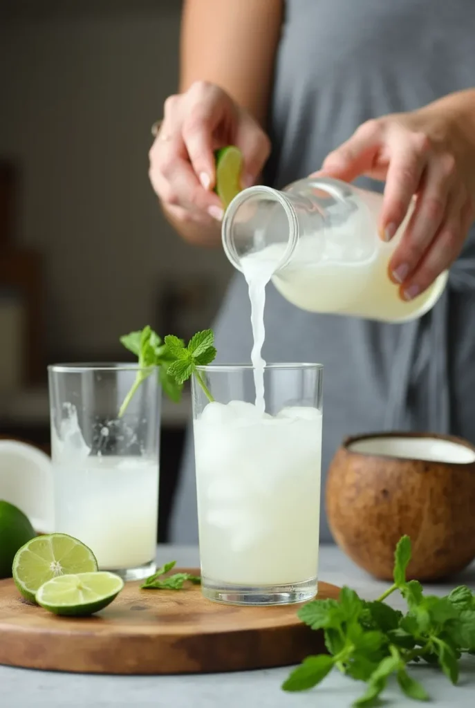 Person pouring coconut water into a glass with lime and mint on the kitchen counter.