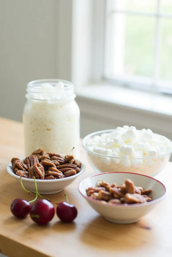 Key ingredients for Glorified Rice: white rice, whipped cream, marshmallows, cherries, and nuts.