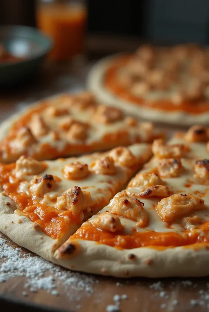 Step-by-step process of making Buffalo Chicken Pizza: rolling out dough, adding sauce, chicken, and cheese.