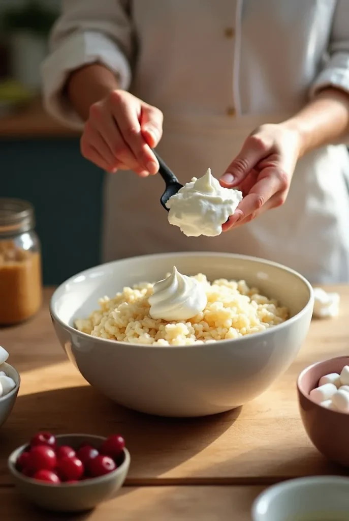 Step-by-step process of making Glorified Rice, mixing whipped cream into rice.