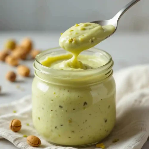 creamy pistachio spread in a glass jar with a spoon