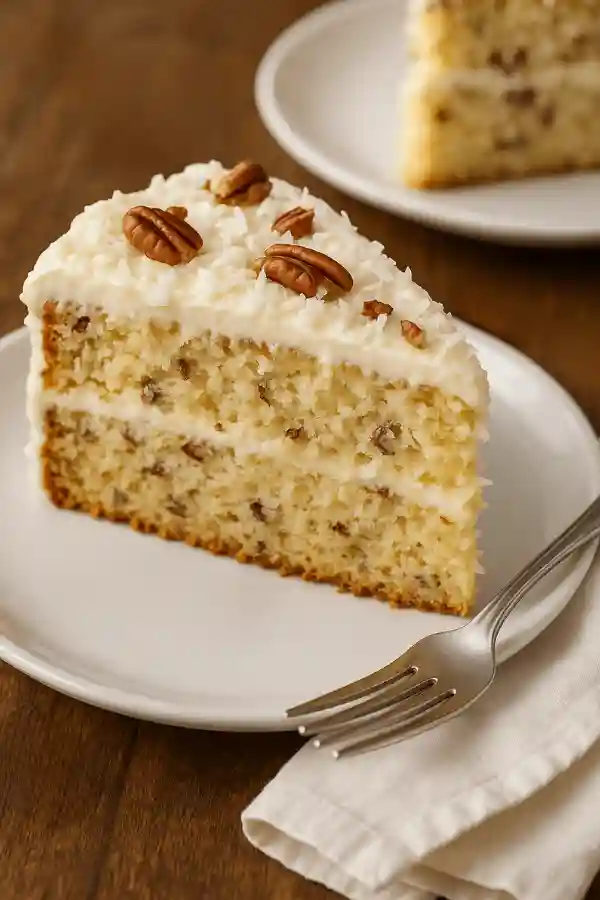 A single slice of Italian Cream Sheet Cake with frosting, coconut, and pecans on a ceramic plate