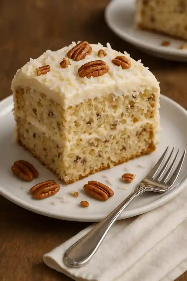 Italian Cream Sheet Cake topped with pecans and coconut