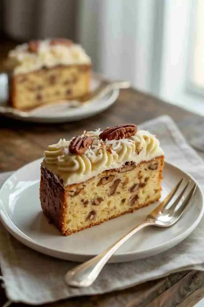 Italian dessert Cream Sheet Cake with a fork on a white plate.
