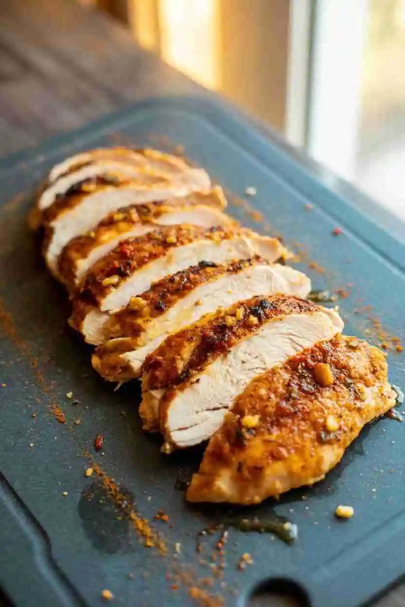 Sliced air fryer chicken breast on a cutting board.