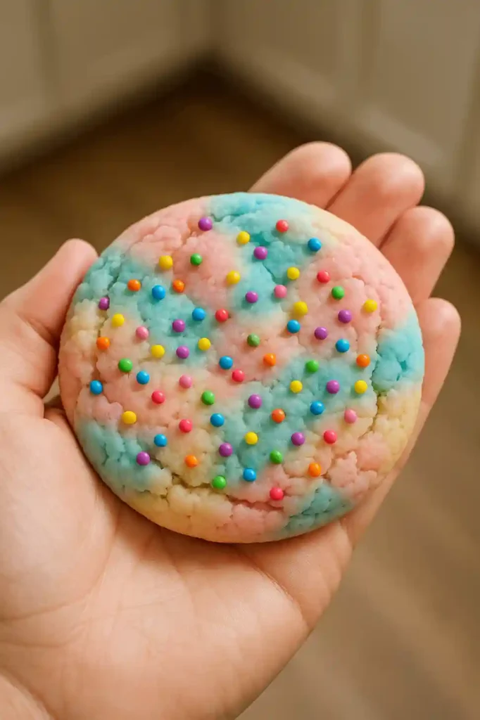 Soft cotton candy cookie with pastel pink, blue, and white swirls topped with rainbow sprinkles, held in a hand.