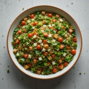 Top view of a traditional tabbouleh salad in a bowl