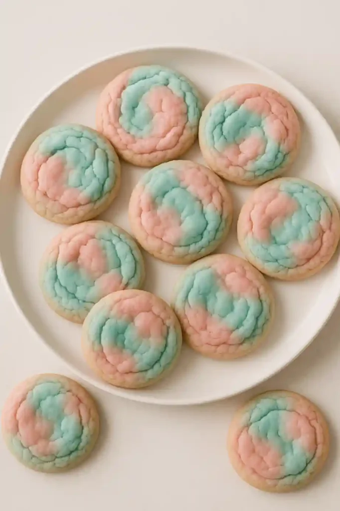 Top view of pink and blue cotton candy cookies
