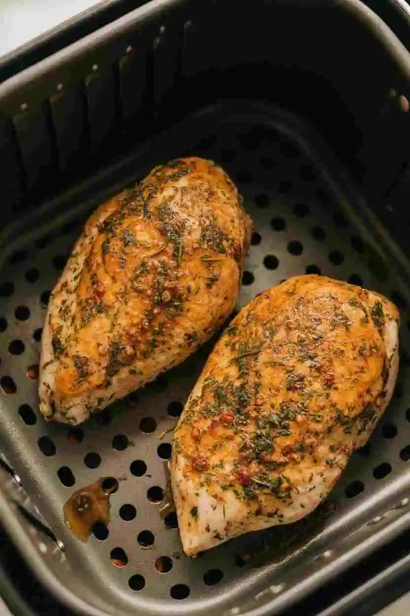 Two seasoned chicken breasts cooked in an air fryer.