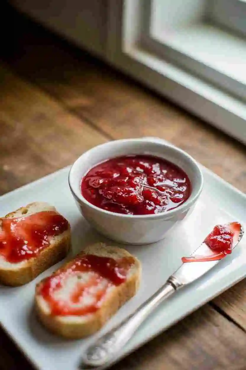 Artisanal strawberry rhubarb jam in a clear glass jar with a silver lid, styled in natural lighting.