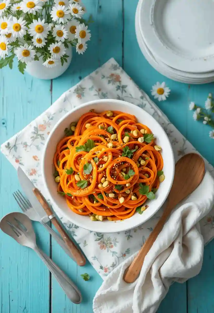 Bird’s-eye view of a fresh carrot ribbon salad in a glass bowl
