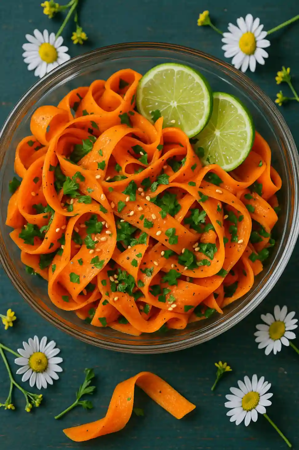 Bird’s-eye view of a fresh carrot ribbon salad