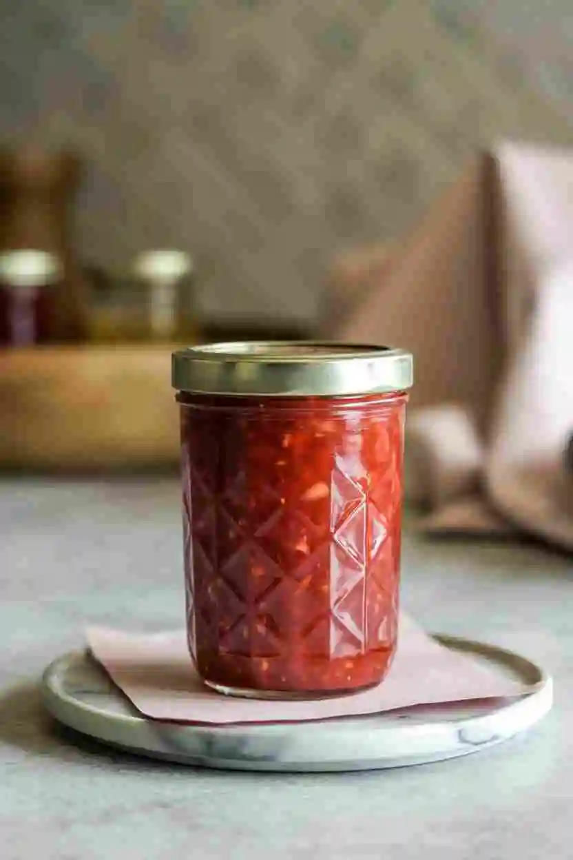 Close-up of a glass jar filled with vibrant homemade strawberry rhubarb jam on a light surface.