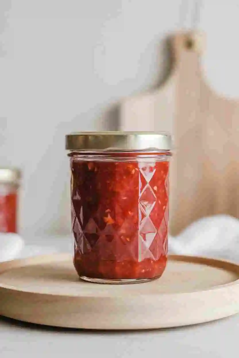 Freshly sealed jar of strawberry rhubarb jam showcasing its rich red color and fruit texture.